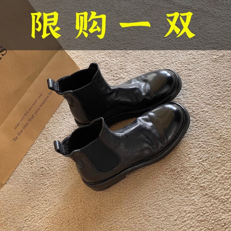 百丽纯爱水洗马皮褶皱粗跟厚底烟筒靴女秋新款时尚短筒弹力靴子