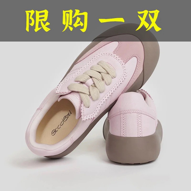百丽纯爱玫瑰盐粉蓬蓬鞋2023秋新款百搭厚底休闲德训鞋