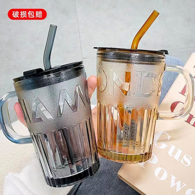 玻璃吸管杯带把杯盖耐高温纯色办公室家用简约水杯