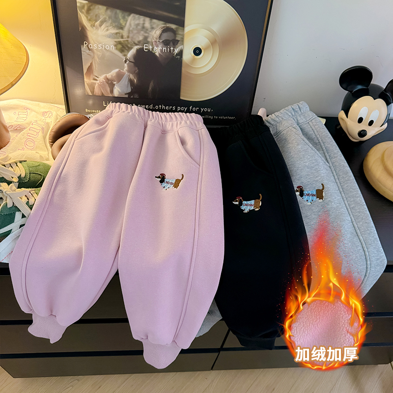 儿童加绒裤子冬季加厚运动裤休闲裤小狗刺绣加绒卫裤 KZ24855