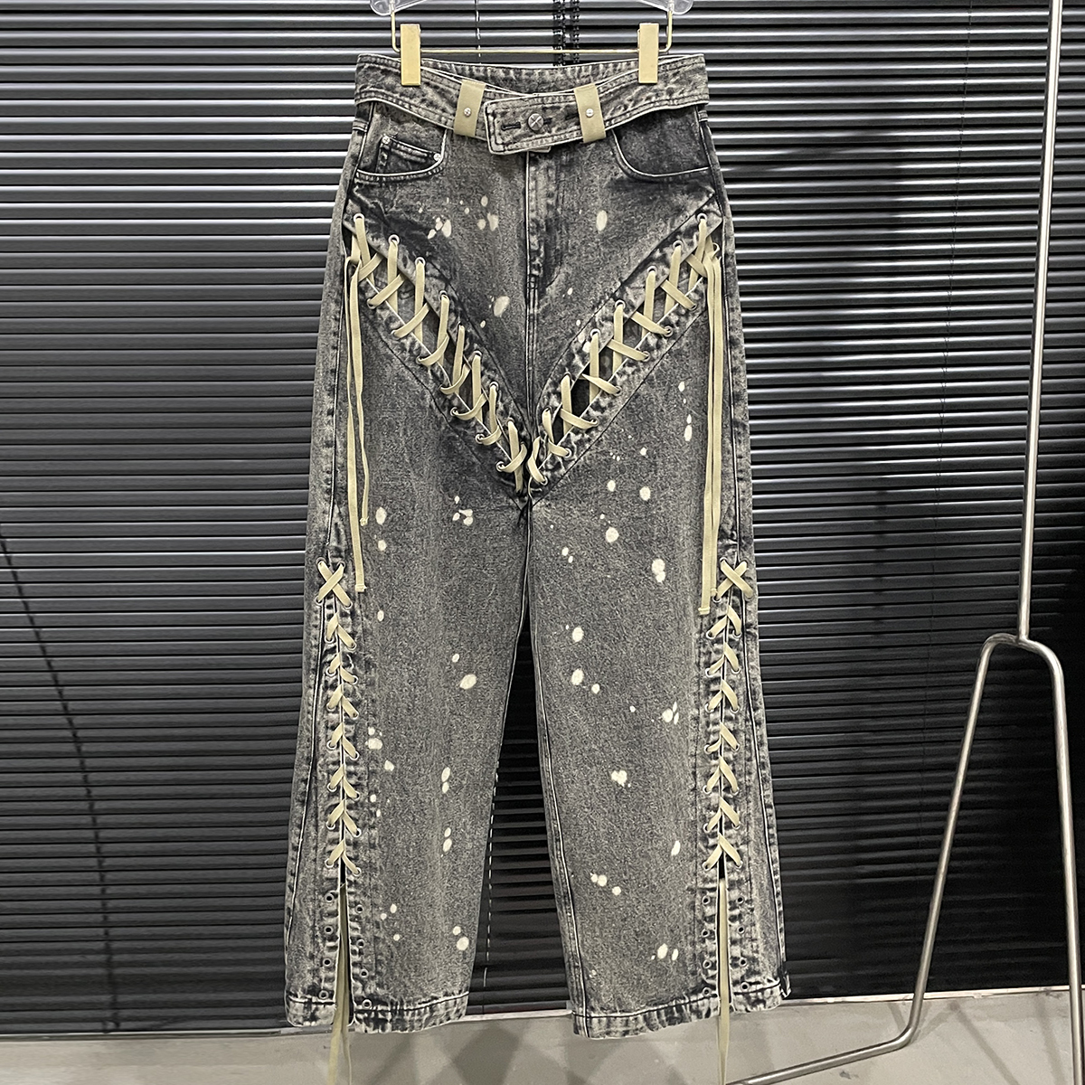 付新博女装正洳西绑绳设计牛仔裤女小众时尚泼墨复古直筒裤12884