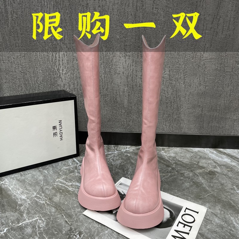 百丽纯爱松糕底长筒靴秋季新款真皮不等式膝下靴超轻厚底增高显