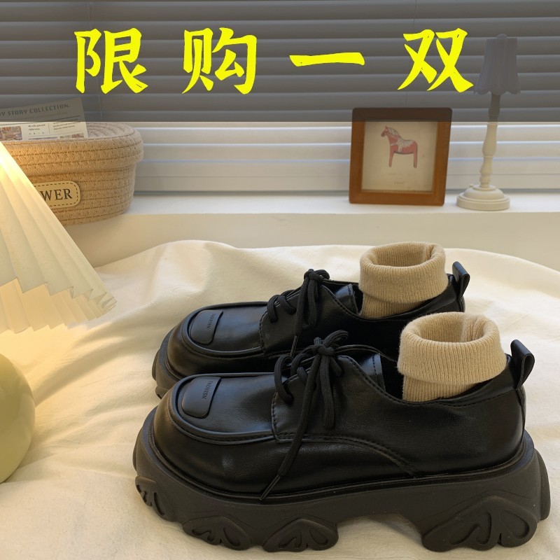 百丽纯爱黑色厚底增高大头系带小皮鞋女2023年早春新款百搭英伦