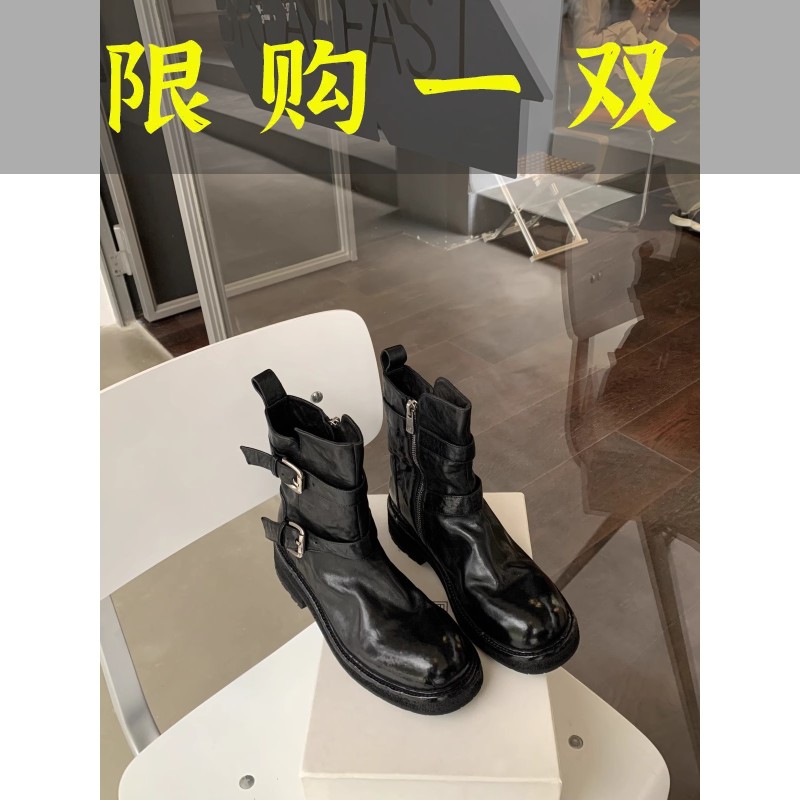 百丽纯爱秒发！水洗缩纹马皮皮带扣厚底瘦瘦短靴秋冬