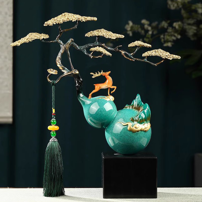 迎客松铜葫芦摆件新中式客厅玄关办公室装饰品高档乔迁新居礼品