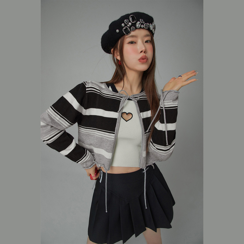 0061【金拐子专属】CHUU长袖系带外套条纹针织开衫-F