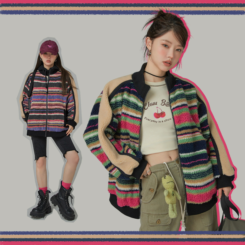 2430【金拐子专属】CHUU条纹时尚个性仿皮毛一体冬季外套-F