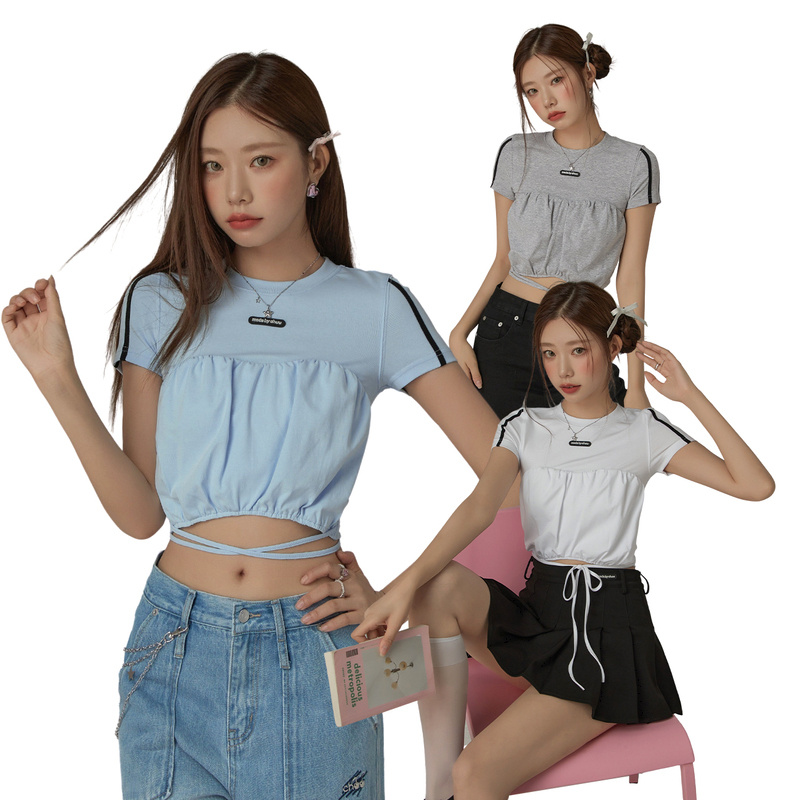 F006【金拐子专属】CHUU拼接系带短款设计感T恤-F