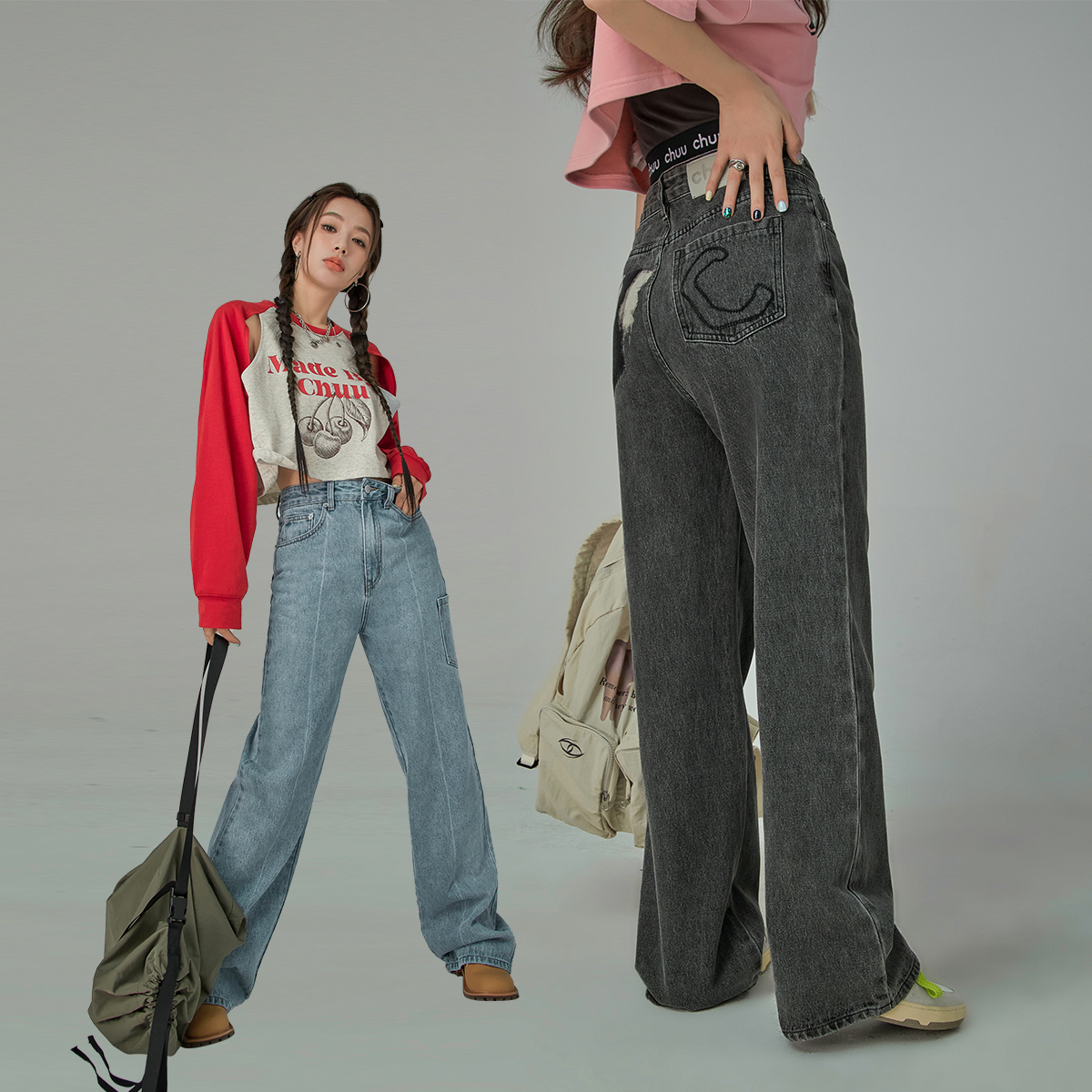 0303【金拐子专属】CHUU口袋高腰阔腿裤气质牛仔裤-F