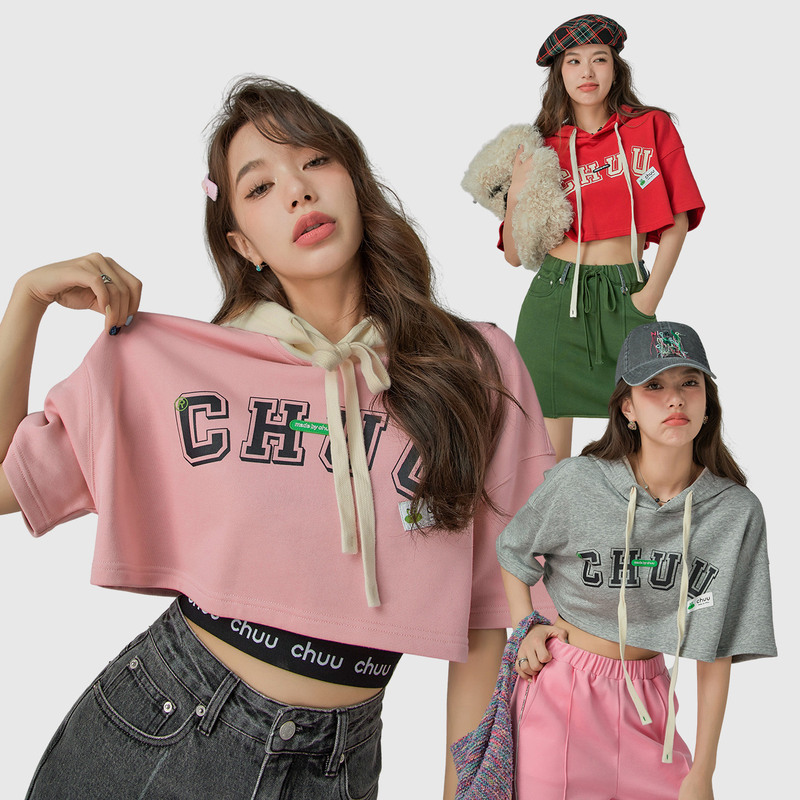 3311【金拐子专属】CHUU连帽抽绳字母五分袖短上衣卫衣-F