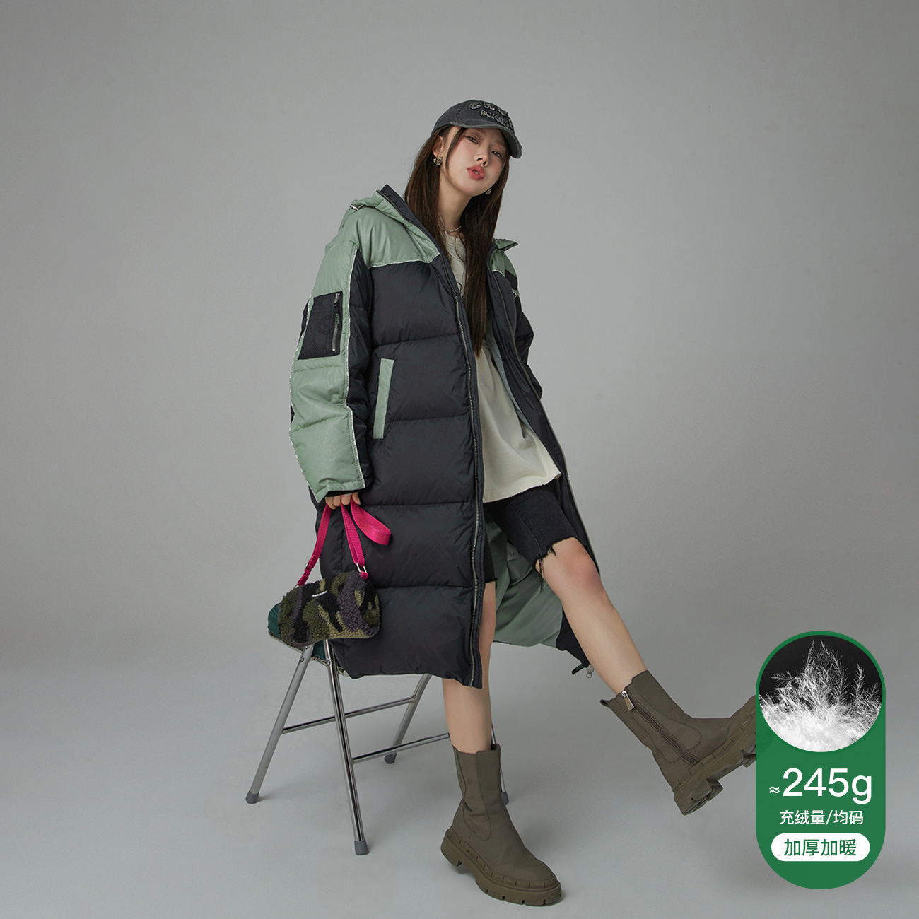 4402【金拐子专属】CHUU宽松潮酷拼色90白鸭绒冬季羽绒服-F