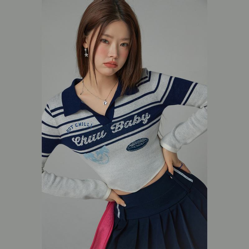 C003【金拐子专属】CHUU条纹字母套头毛衣提花修身短款针织衫-F