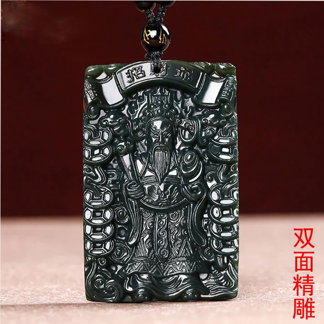 天然和田玉青玉吊坠天然财神爷玉招财项链玉佩挂件男士玉佩项坠