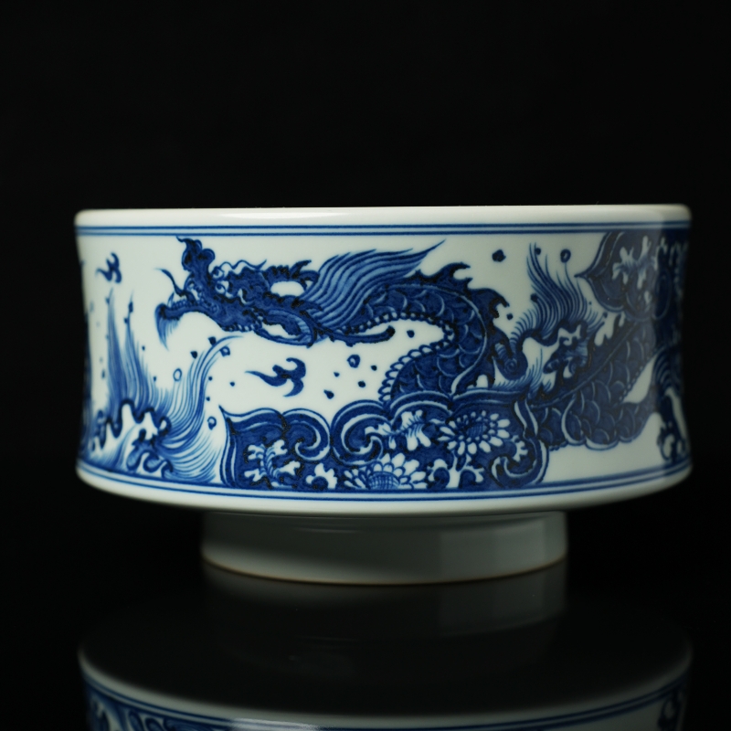景德镇原矿青花全手工窗花龙雪茄缸大茶洗龙纹茶道陶瓷摆件烟灰缸