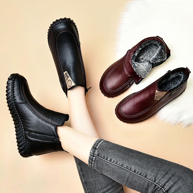 妈妈鞋棉鞋女冬加绒加厚软底舒适防滑老北京短靴子中老年短筒棉靴