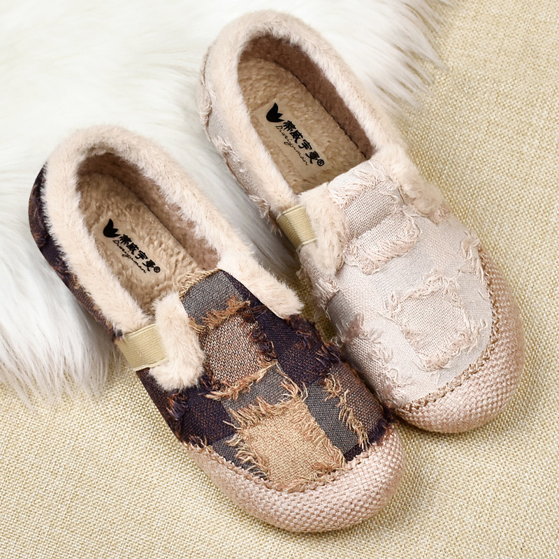 一脚蹬懒人豆豆鞋时尚休闲毛毛鞋老北京布鞋棉鞋女冬季加绒妈妈鞋