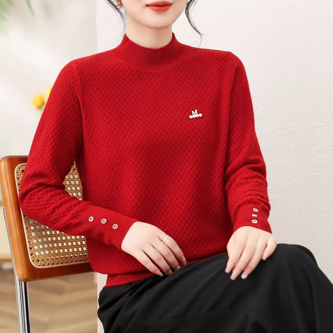 FALAD-3321女式时尚袖口排扣圆领提花毛衫