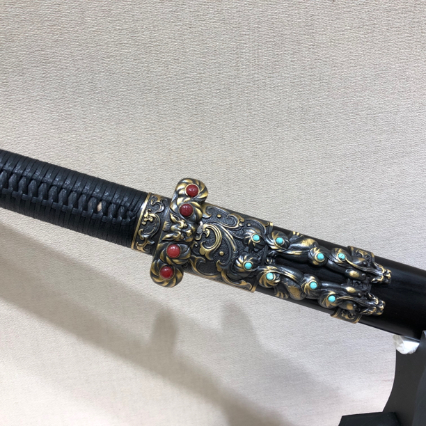 【龙影刀剑-秦剑】花纹钢 黑檀木鞘 黄铜装 未开刃