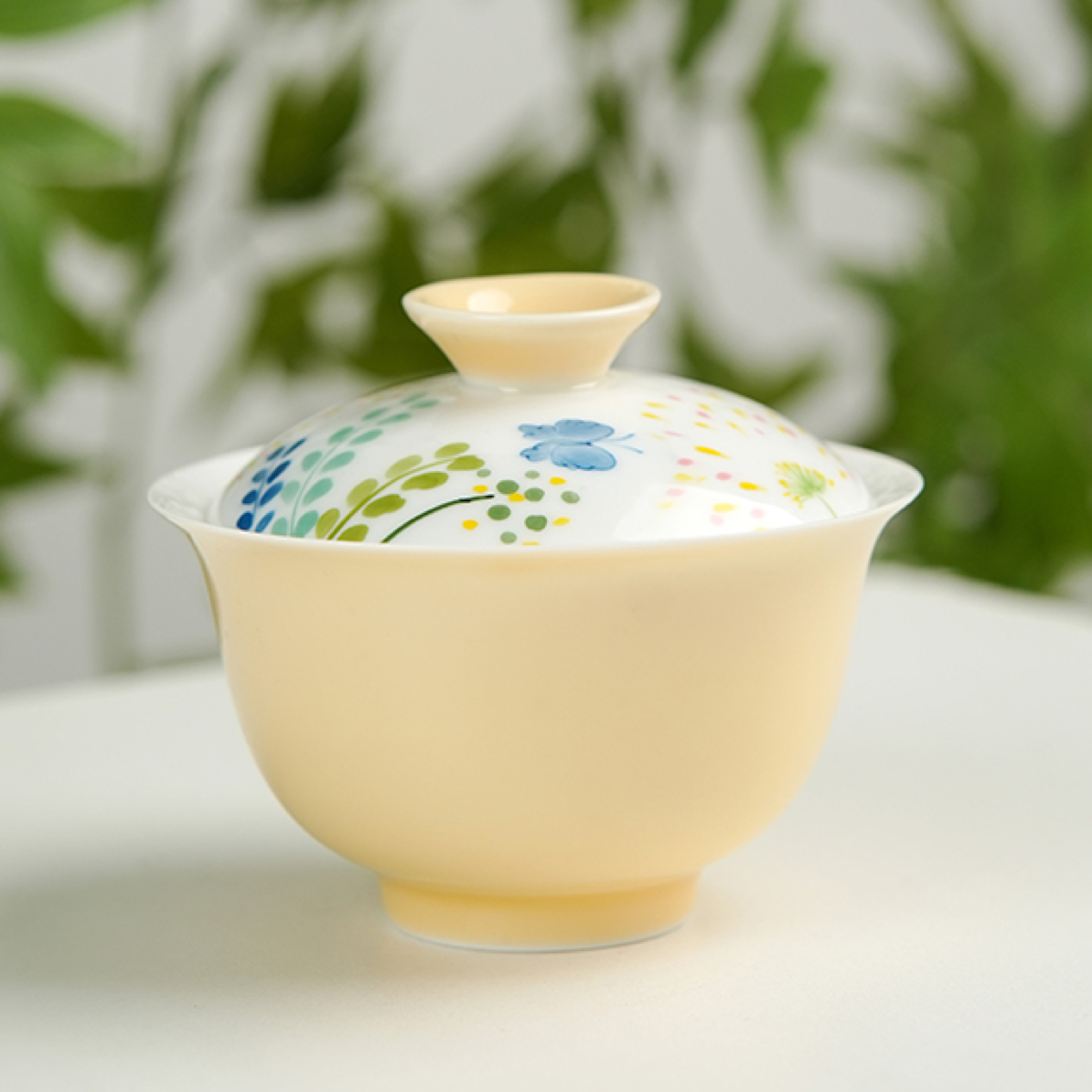 蛋黄釉合欢元宝盖碗文人器功夫茶具女士家用釉中手绘绣球花茶碗