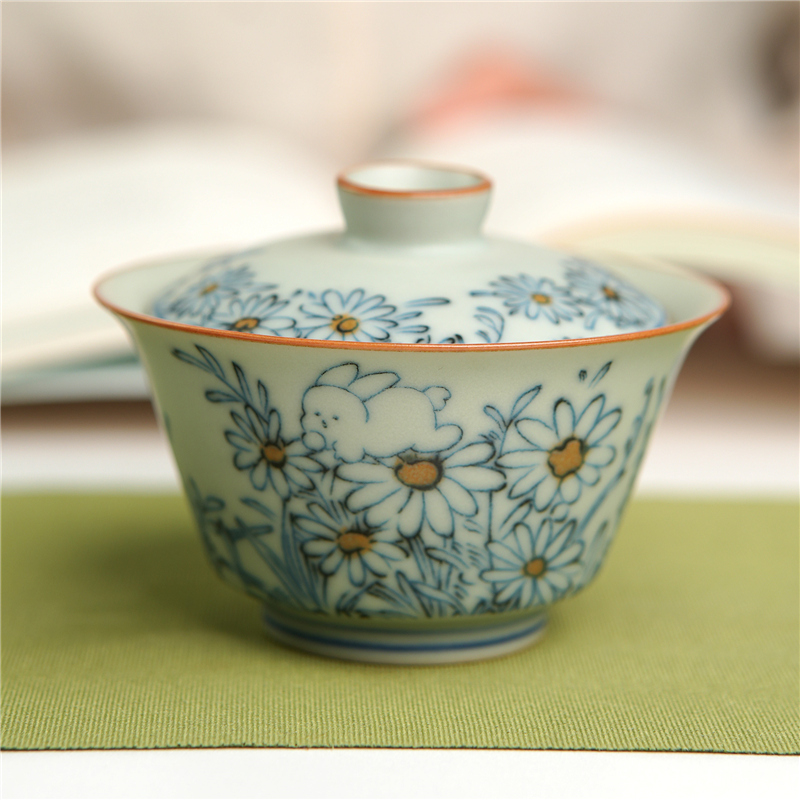 萌萌兔二才盖碗家用 容量约100cc  复古陶瓷功夫茶具