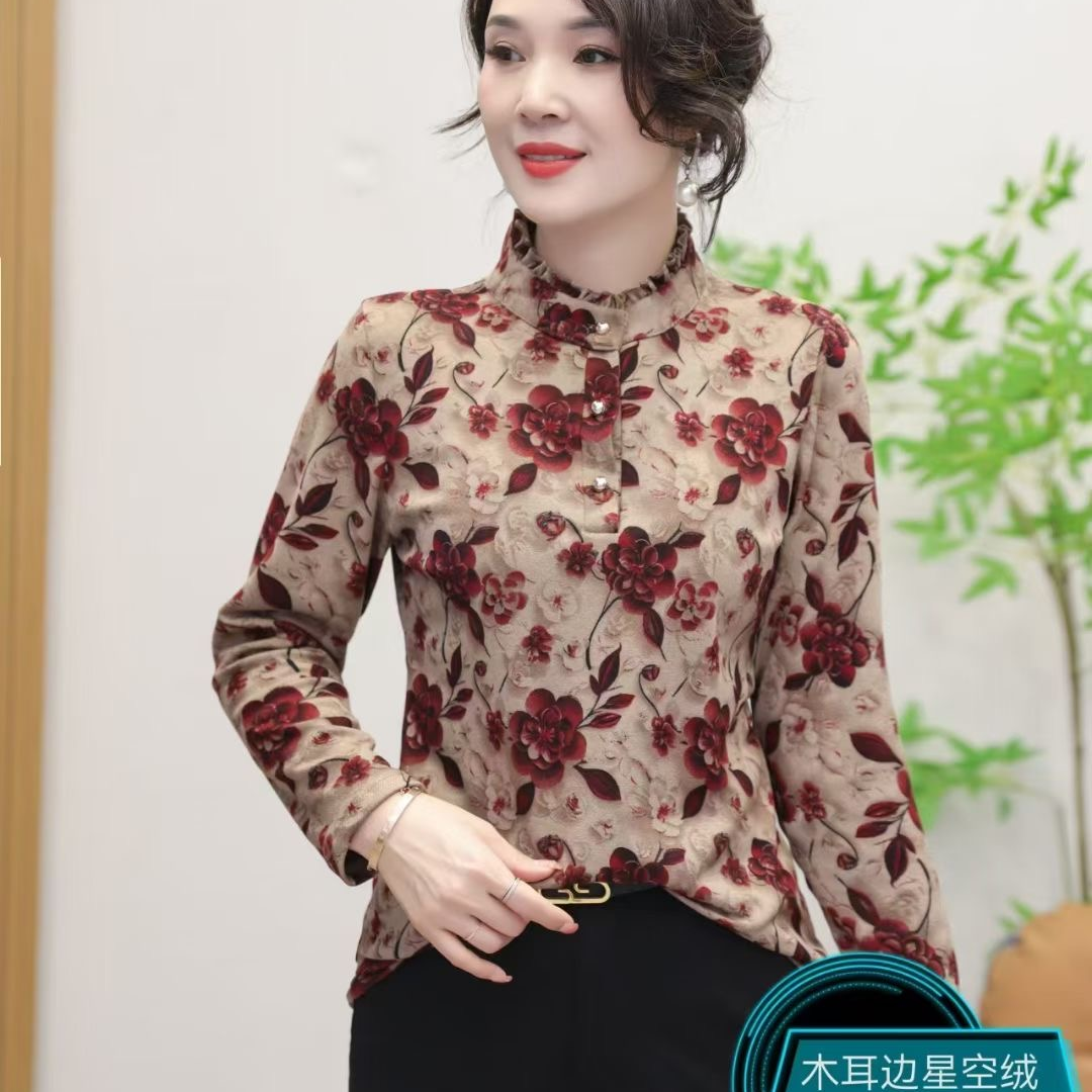 2024立领中老年女士长袖打底衫洋气百搭宽松妈妈上衣