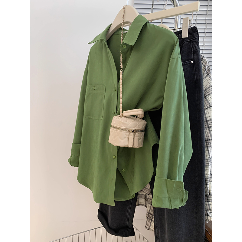 亦声高品质法式Polo领绿色衬衫外套女春秋季小个子长袖衬衣新上衣