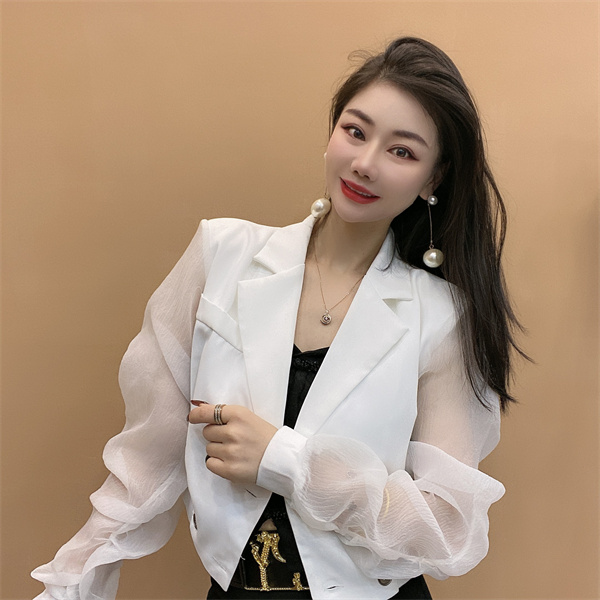 欧根纱拼接西服薄款百搭修身显瘦纯色短款西装外套