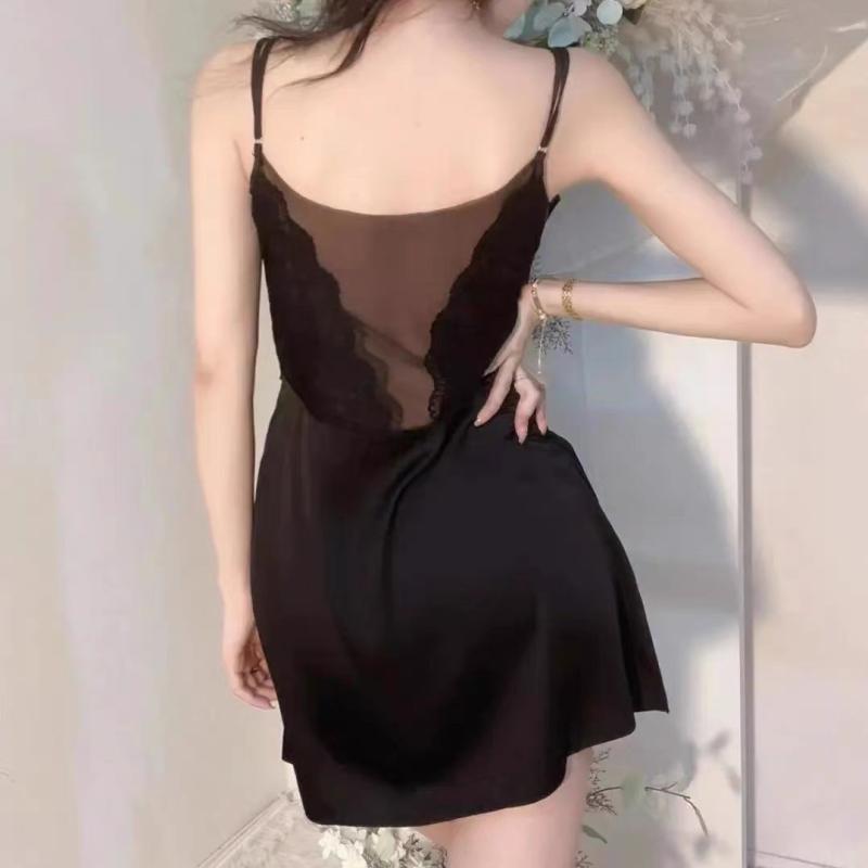 纯色蕾丝冰丝吊带睡裙夏季新款性感居家网纱家居服薄款纯欲睡衣