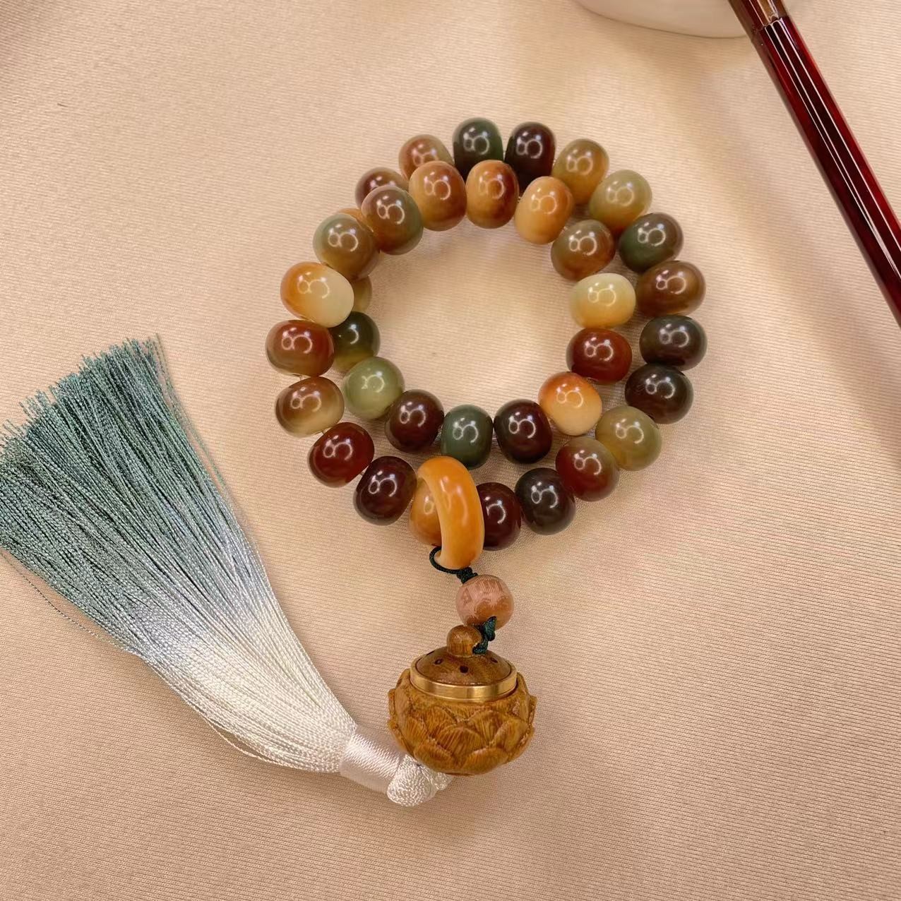 敦煌多宝色菩提根手串菩提子手持配绿檀莲花香囊男女款可盘玩佛珠