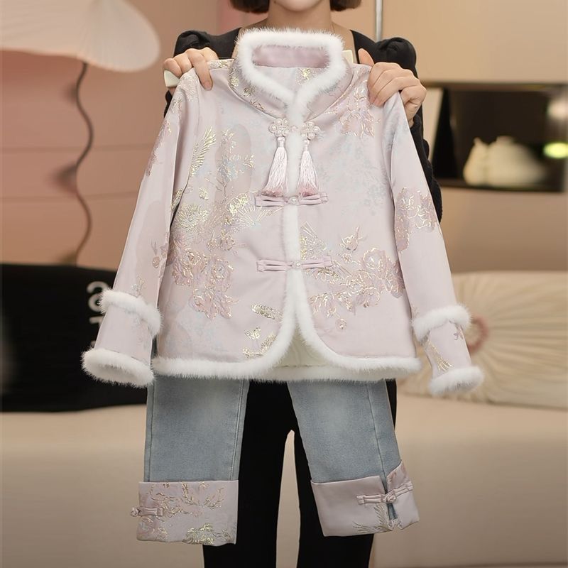 女童唐装冬季2023新款儿童中国风拜年服外套加绒加厚牛仔裤子套装