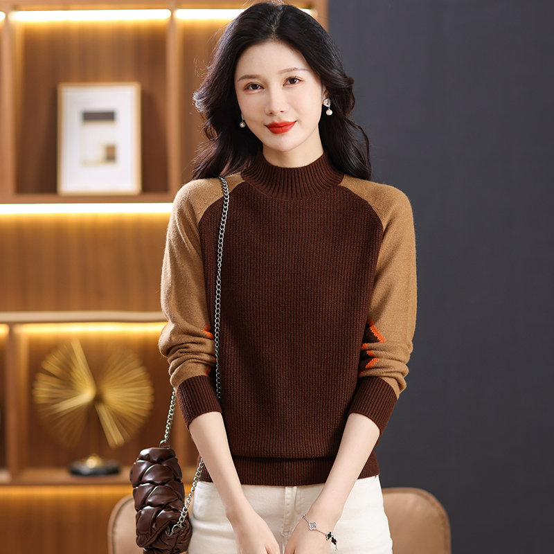 秋冬新款圆领撞色时尚洋气针织衫女宽松显瘦百搭妈妈装