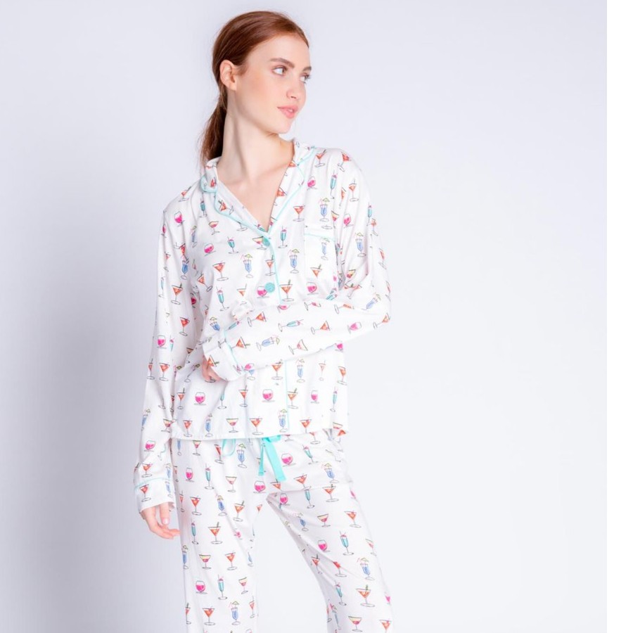 PJ时尚精品春秋女士长袖舒适透气家居服印花薄款长袖长裤睡衣套装