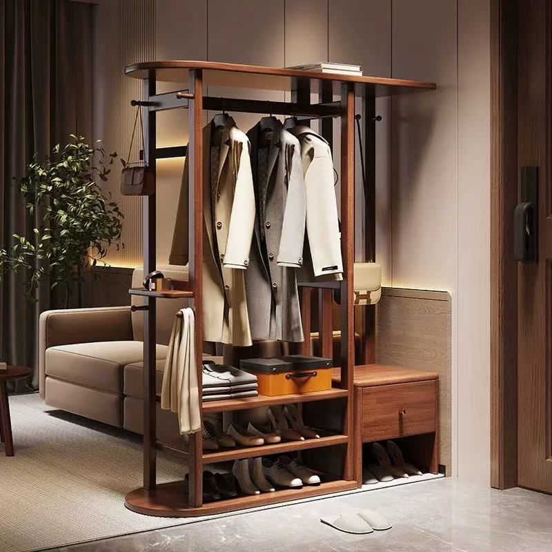 全实木落地衣帽架卧室客厅入户玄关储物换鞋简约一体挂衣挂衣架