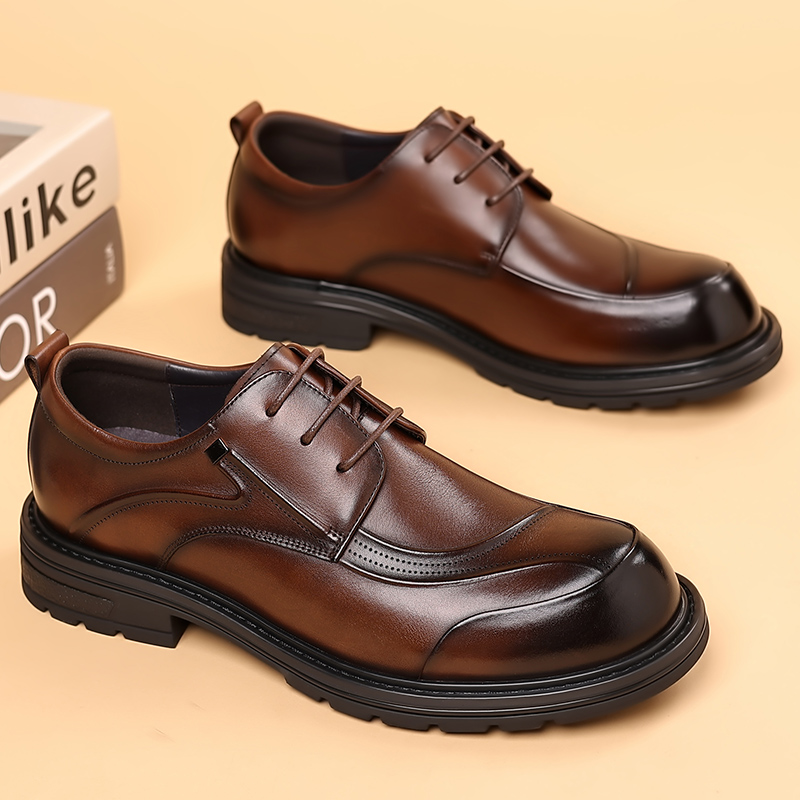男士正装皮鞋商务德比正宗牛皮厚底大头真皮男款高端公务员上班鞋