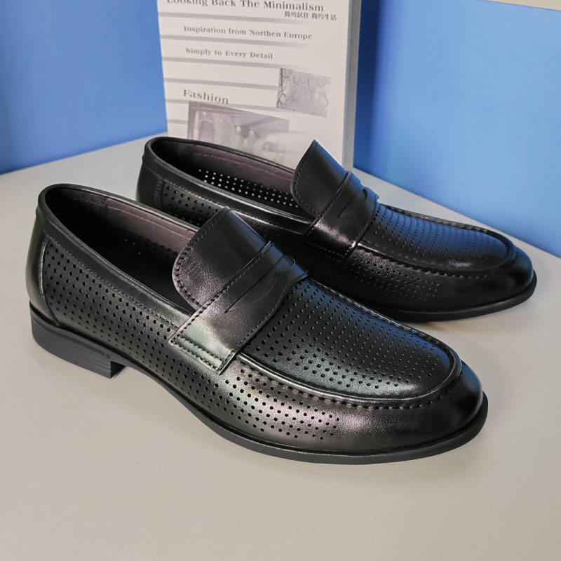 夏季镂空透气新款一脚蹬乐福鞋男士商务休闲皮鞋真牛皮高端豆豆鞋