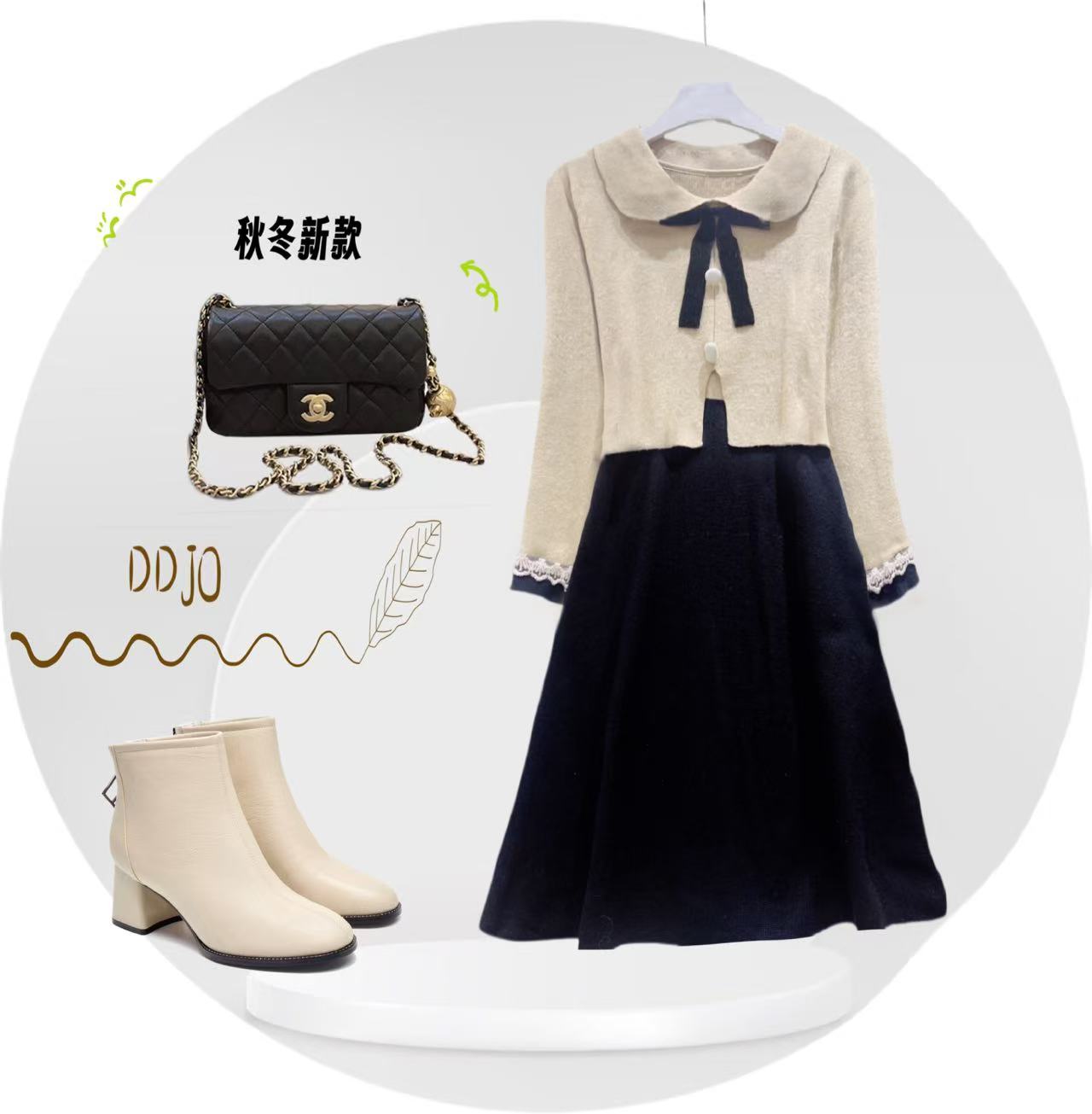 【编码358新】运动休闲减龄蝴蝶结小香风女款爆款2024款韩版针织裙