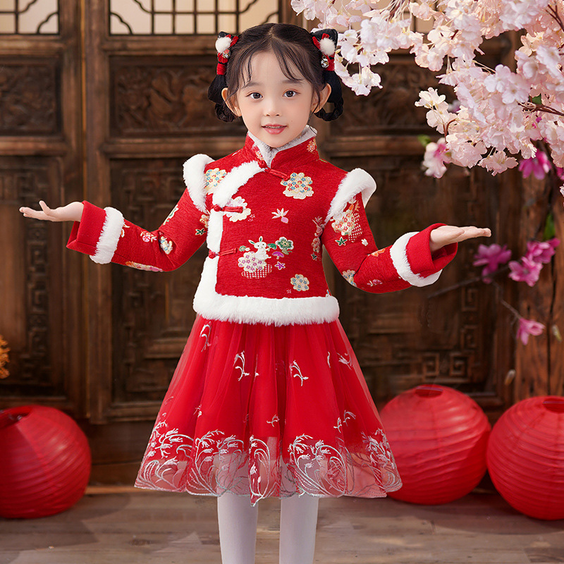 秋冬儿童洋气蓬蓬裙女童拜年服新款冬季加绒小女孩唐装连衣裙