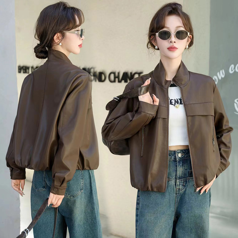 2024春秋款仿绵羊皮中古机车皮夹克立领仿真皮皮衣宽松短款外套女