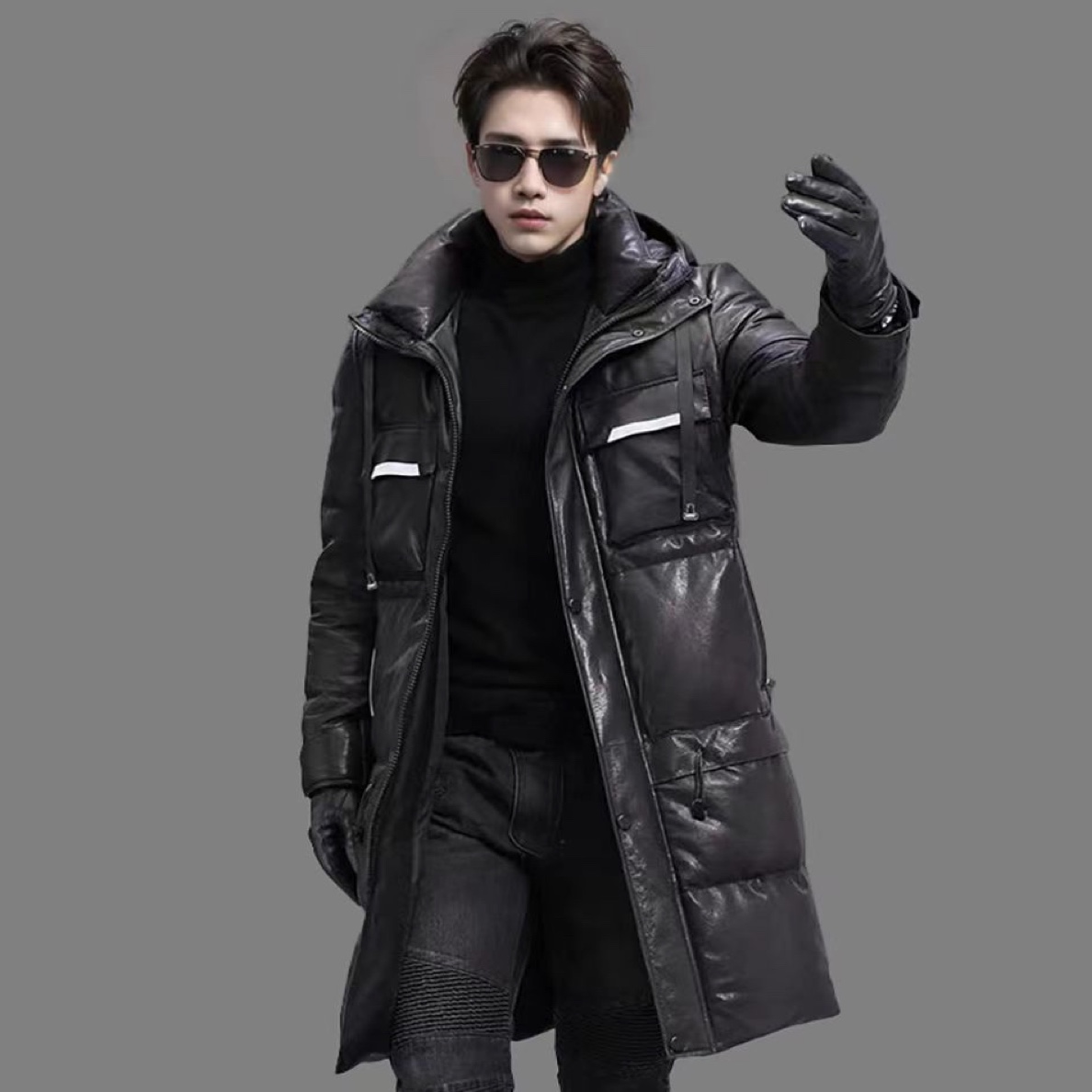 168超薄全植鞣中长连帽款经典加长 时尚真皮男款加绒保暖防寒黑色