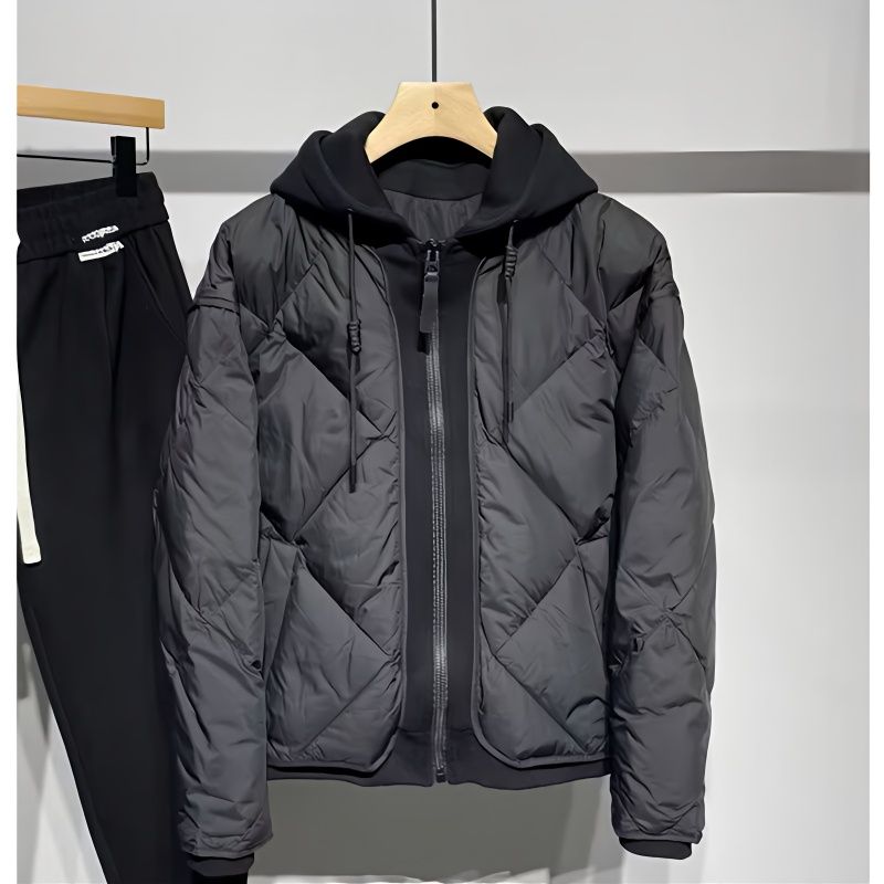 棉服男冬季新款美式潮牌假两件连帽棉袄休闲百搭拼接