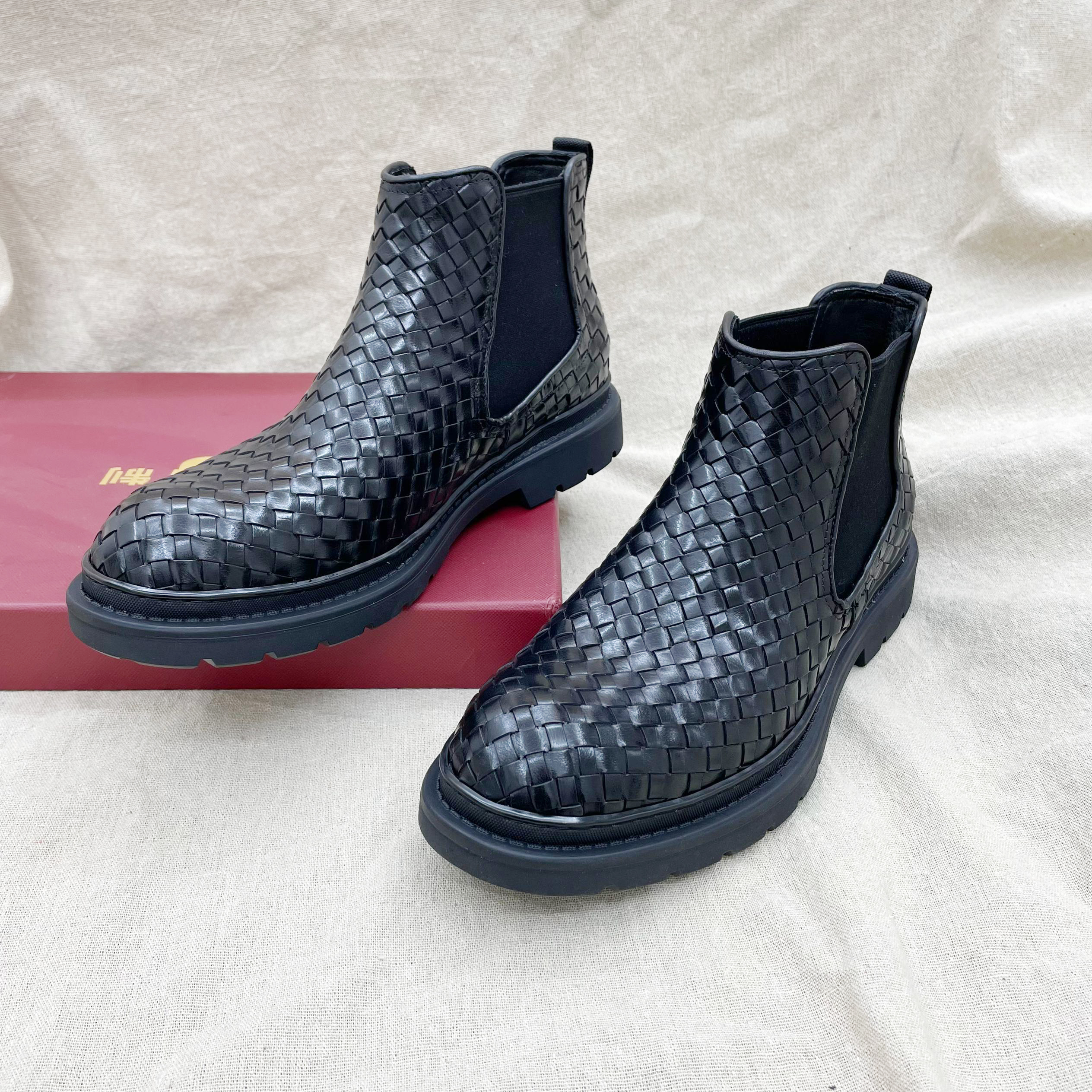 加绒潮流头层牛皮切尔西靴男士秋冬编制厚底英伦风高帮皮鞋男圆头