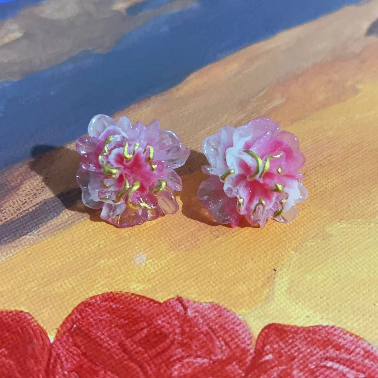 【玫红金边小花】温柔甜美花朵耳钉