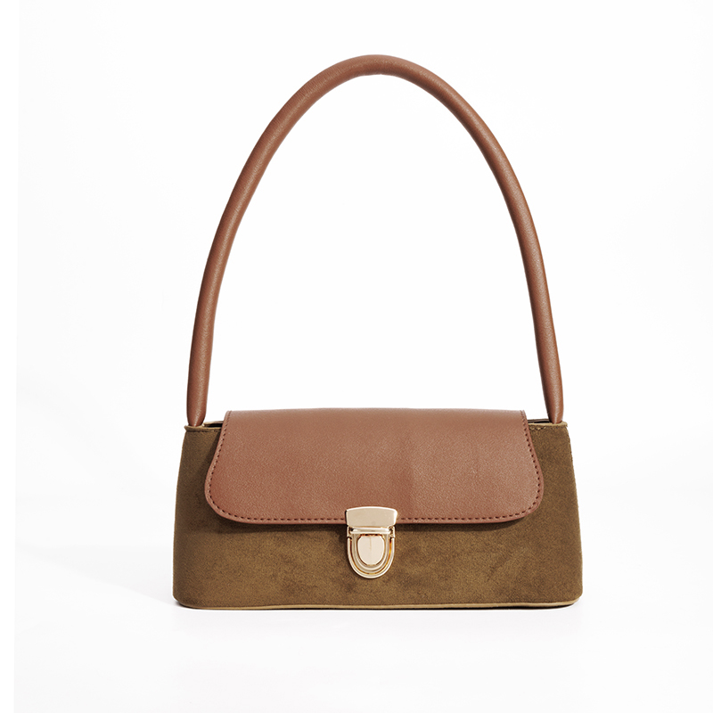 2025新款时尚百搭复古棕色小众通勤法棍包拼色单肩包