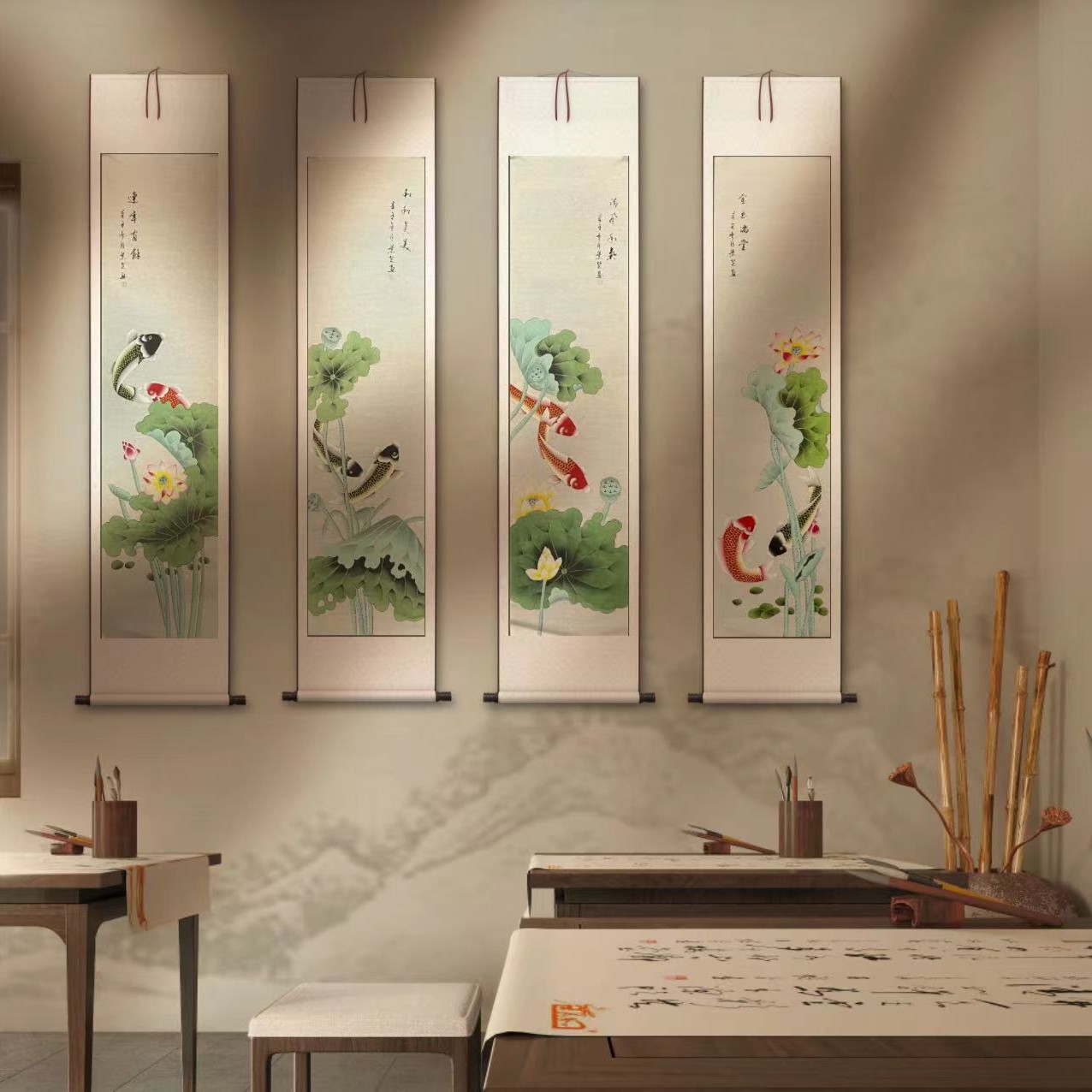 纯手绘清风和气工笔荷花鱼四条屏未装裱仅画芯餐厅客厅走廊挂画