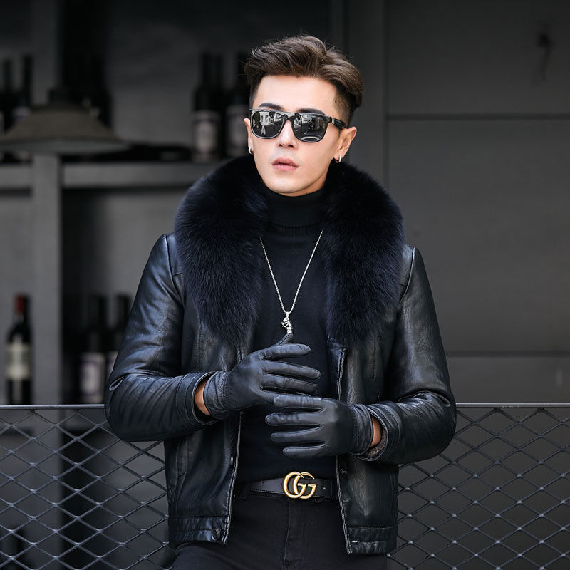 海宁真皮皮衣男皮毛一体男短款可拆卸狐狸毛领修身羊皮夹克外套