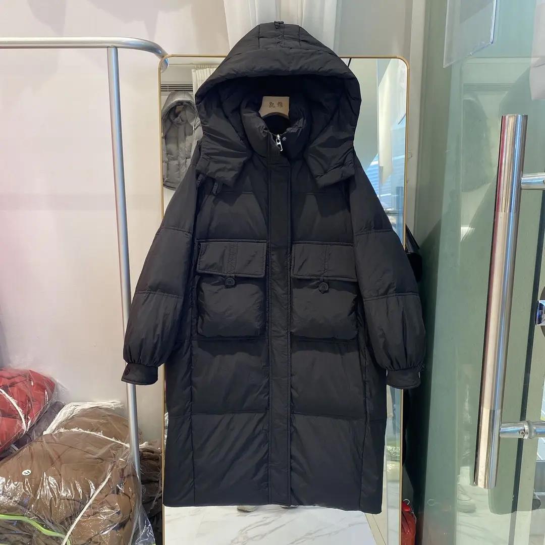 羽绒服韩系抽绳收腰显瘦连帽女2023冬季中长款加厚保暖过膝羽绒棉