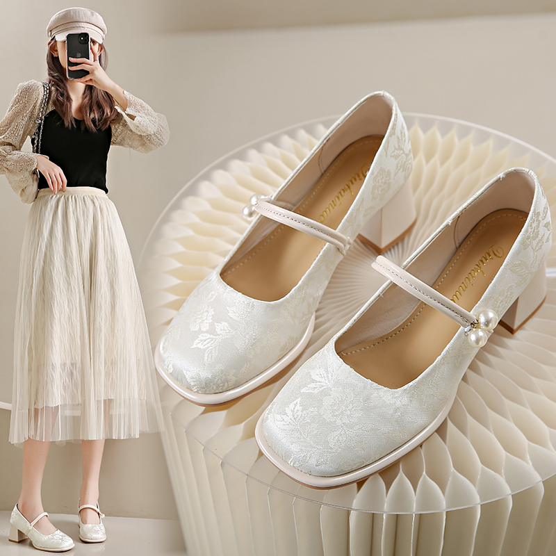 新中式玛丽珍鞋女鞋2025百搭新款优雅粗高跟一字扣方头单鞋女