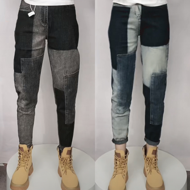 牛仔裤女拼接潮牌高弹老爹裤2023秋冬新款大码撞色加绒时尚哈伦裤