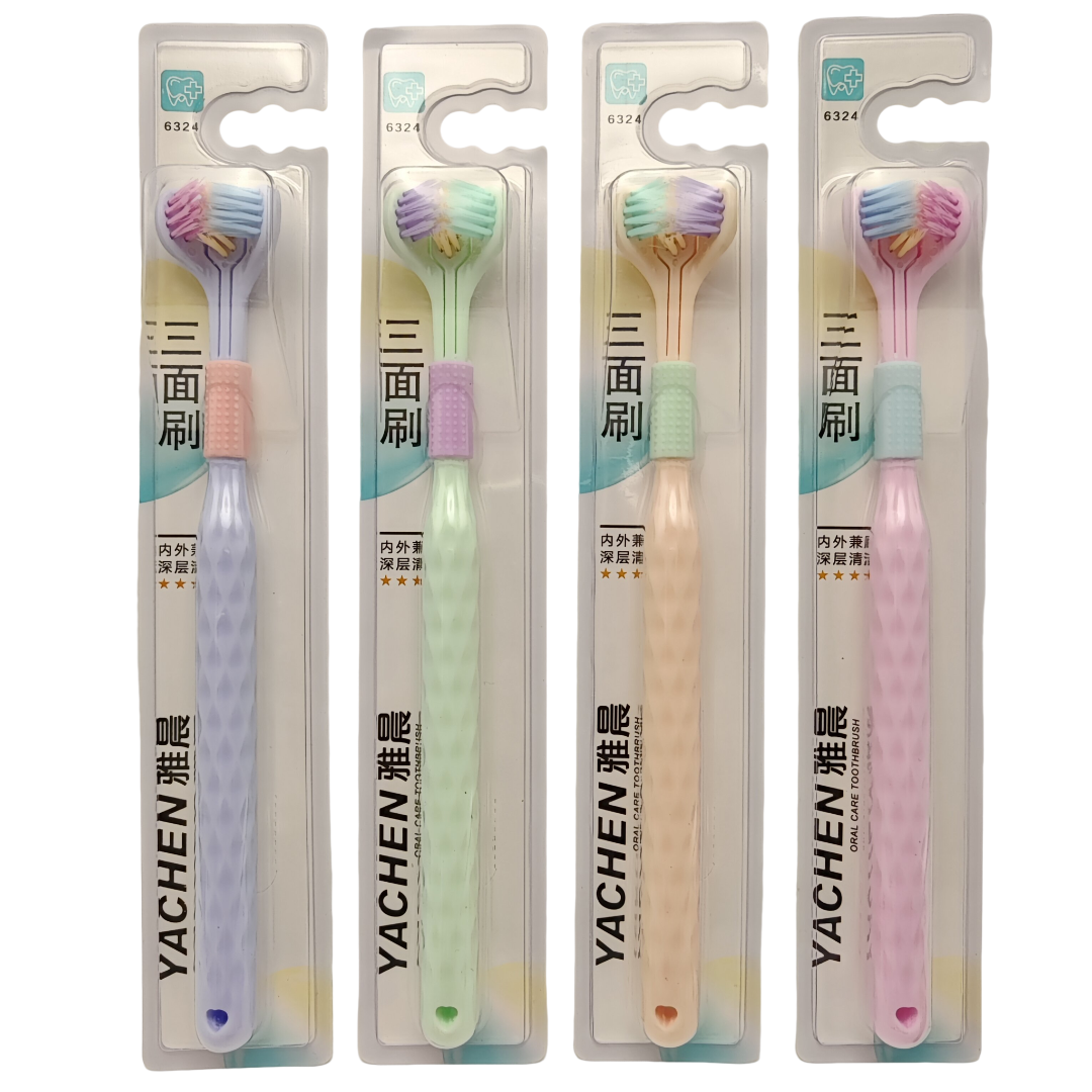 【360°清洁】牙齿家庭装成人三面牙刷立体无死角清洁软毛三头刮舌苔