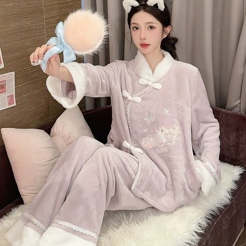 新中式珊瑚绒睡衣女秋冬季海岛绒2025新款国风立领保暖薄绒家居服